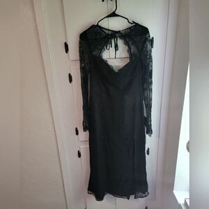 Lulus Desirably Dramatic Black Lace Long Sleeve Cutout Midi Dress Large